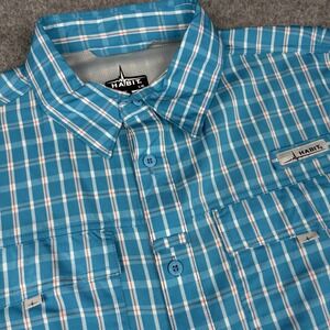 Habit Fishing Shirt Mens Large Blue Plaid Vented Button Down UPF 40 Short Sleeve